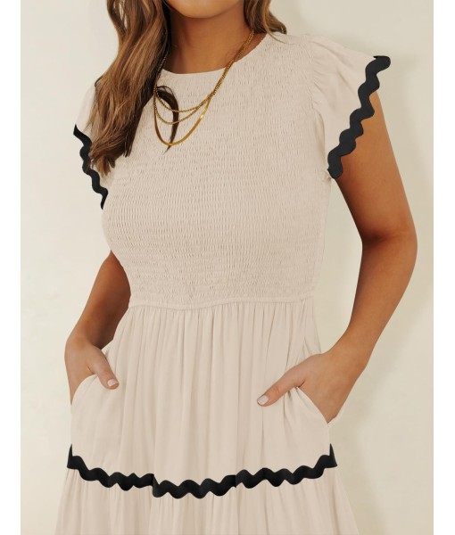 ZESICA Women's Summer Flutter Short Sleeve Smocked Midi Dress Casual High Waist Rickrack Tiered Flowy Dresses