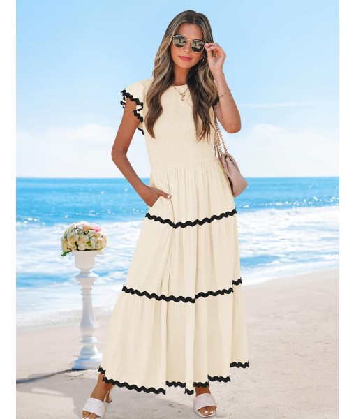 ZESICA Women's Summer Flutter Short Sleeve Smocked Midi Dress Casual High Waist Rickrack Tiered Flowy Dresses