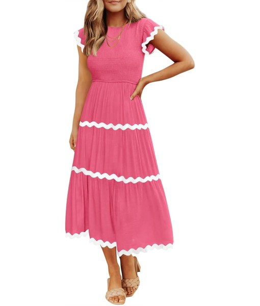 ZESICA Women's Summer Flutter Short Sleeve Smocked Midi Dress Casual High Waist Rickrack Tiered Flowy Dresses