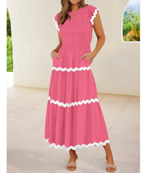ZESICA Women's Summer Flutter Short Sleeve Smocked Midi Dress Casual High Waist Rickrack Tiered Flowy Dresses