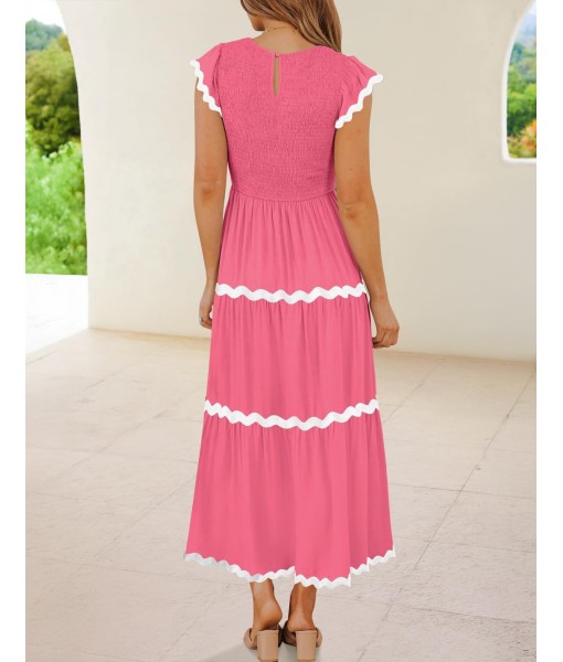 ZESICA Women's Summer Flutter Short Sleeve Smocked Midi Dress Casual High Waist Rickrack Tiered Flowy Dresses