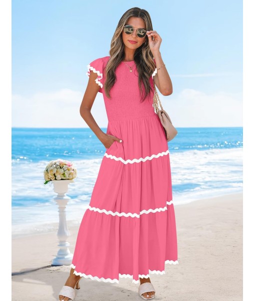 ZESICA Women's Summer Flutter Short Sleeve Smocked Midi Dress Casual High Waist Rickrack Tiered Flowy Dresses