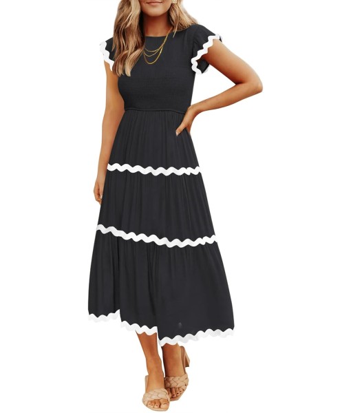 ZESICA Women's Summer Flutter Short Sleeve Smocked Midi Dress Casual High Waist Rickrack Tiered Flowy Dresses