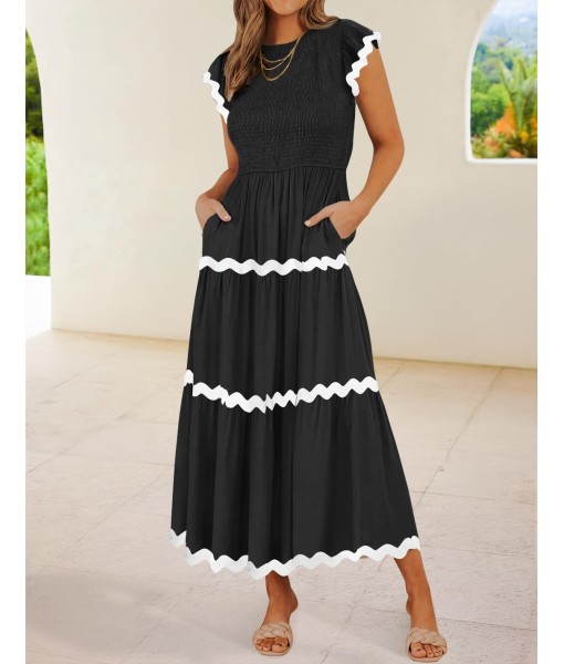 ZESICA Women's Summer Flutter Short Sleeve Smocked Midi Dress Casual High Waist Rickrack Tiered Flowy Dresses