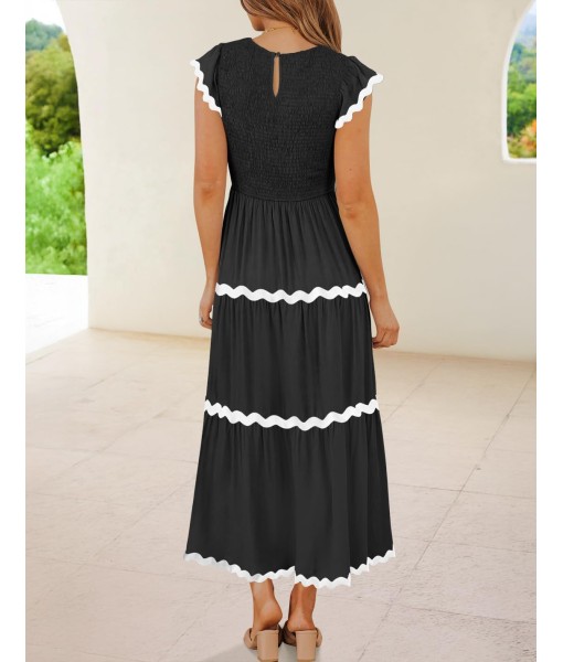 ZESICA Women's Summer Flutter Short Sleeve Smocked Midi Dress Casual High Waist Rickrack Tiered Flowy Dresses
