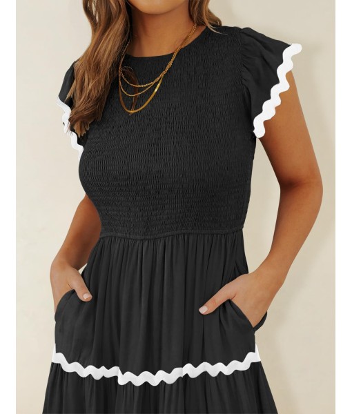 ZESICA Women's Summer Flutter Short Sleeve Smocked Midi Dress Casual High Waist Rickrack Tiered Flowy Dresses