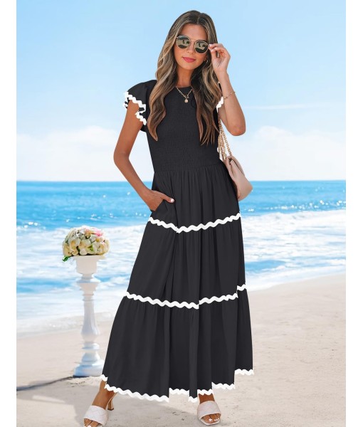 ZESICA Women's Summer Flutter Short Sleeve Smocked Midi Dress Casual High Waist Rickrack Tiered Flowy Dresses