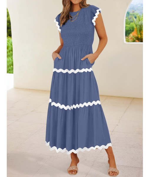 ZESICA Women's Summer Flutter Short Sleeve Smocked Midi Dress Casual High Waist Rickrack Tiered Flowy Dresses