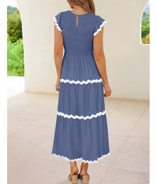 ZESICA Women's Summer Flutter Short Sleeve Smocked Midi Dress Casual High Waist Rickrack Tiered Flowy Dresses