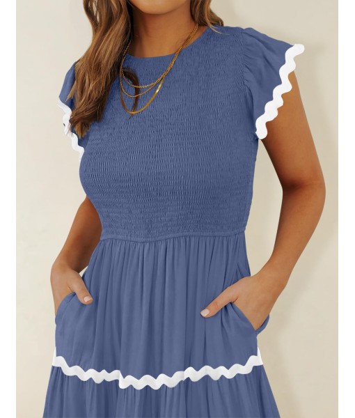 ZESICA Women's Summer Flutter Short Sleeve Smocked Midi Dress Casual High Waist Rickrack Tiered Flowy Dresses