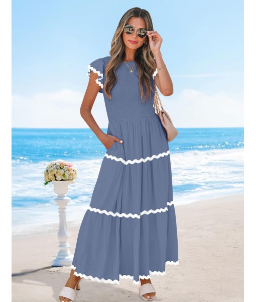 ZESICA Women's Summer Flutter Short Sleeve Smocked Midi Dress Casual High Waist Rickrack Tiered Flowy Dresses