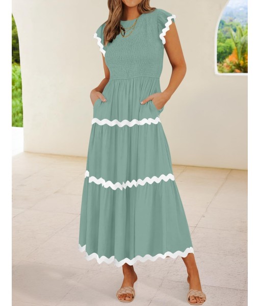ZESICA Women's Summer Flutter Short Sleeve Smocked Midi Dress Casual High Waist Rickrack Tiered Flowy Dresses