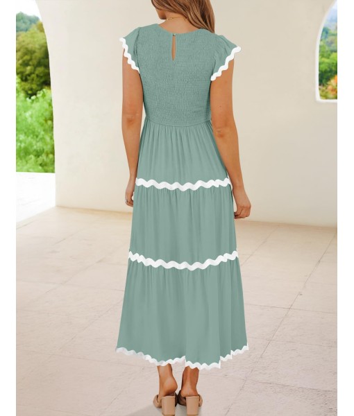 ZESICA Women's Summer Flutter Short Sleeve Smocked Midi Dress Casual High Waist Rickrack Tiered Flowy Dresses