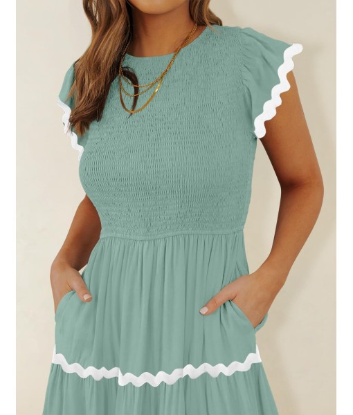ZESICA Women's Summer Flutter Short Sleeve Smocked Midi Dress Casual High Waist Rickrack Tiered Flowy Dresses