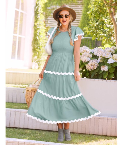 ZESICA Women's Summer Flutter Short Sleeve Smocked Midi Dress Casual High Waist Rickrack Tiered Flowy Dresses