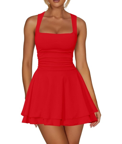 Kaximil Women's Square Neck Ruffle Hem Mini Dress Ruched Waist Short Party Dresses