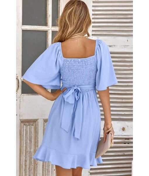 Dokotoo Women's Wrap V Neck Short Flared Sleeve Wedding Guest Dress Smocked Elastic Waist Tiered Belted Ruffle Hem Mini Dress