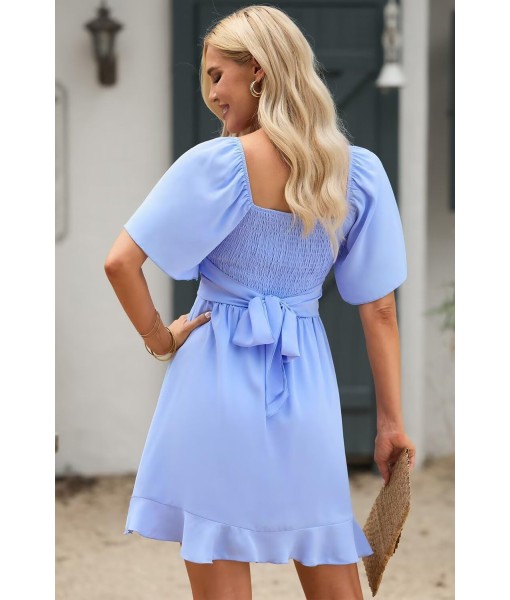 Dokotoo Women's Wrap V Neck Short Flared Sleeve Wedding Guest Dress Smocked Elastic Waist Tiered Belted Ruffle Hem Mini Dress