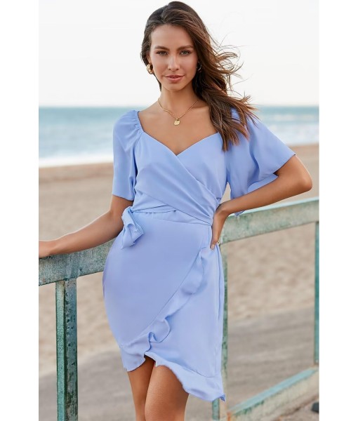 Dokotoo Women's Wrap V Neck Short Flared Sleeve Wedding Guest Dress Smocked Elastic Waist Tiered Belted Ruffle Hem Mini Dress