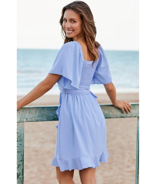 Dokotoo Women's Wrap V Neck Short Flared Sleeve Wedding Guest Dress Smocked Elastic Waist Tiered Belted Ruffle Hem Mini Dress