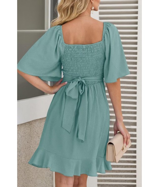 Dokotoo Women's Wrap V Neck Short Flared Sleeve Wedding Guest Dress Smocked Elastic Waist Tiered Belted Ruffle Hem Mini Dress
