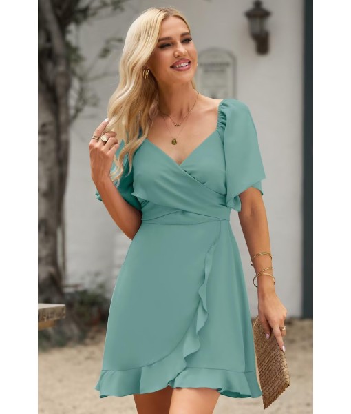 Dokotoo Women's Wrap V Neck Short Flared Sleeve Wedding Guest Dress Smocked Elastic Waist Tiered Belted Ruffle Hem Mini Dress