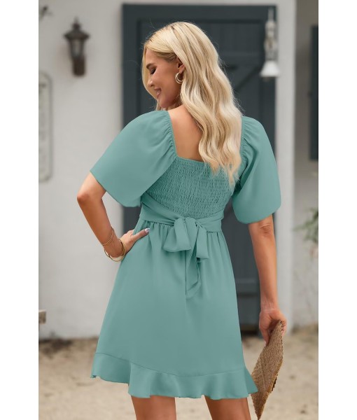 Dokotoo Women's Wrap V Neck Short Flared Sleeve Wedding Guest Dress Smocked Elastic Waist Tiered Belted Ruffle Hem Mini Dress