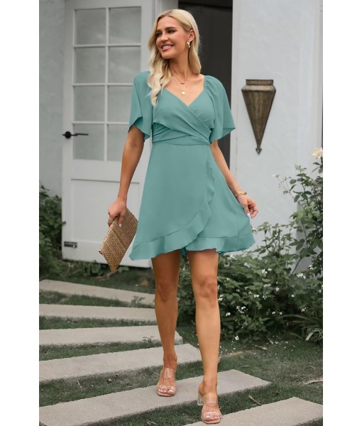 Dokotoo Women's Wrap V Neck Short Flared Sleeve Wedding Guest Dress Smocked Elastic Waist Tiered Belted Ruffle Hem Mini Dress