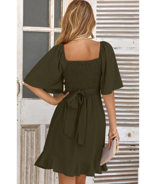Dokotoo Women's Wrap V Neck Short Flared Sleeve Wedding Guest Dress Smocked Elastic Waist Tiered Belted Ruffle Hem Mini Dress