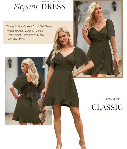 Dokotoo Women's Wrap V Neck Short Flared Sleeve Wedding Guest Dress Smocked Elastic Waist Tiered Belted Ruffle Hem Mini Dress