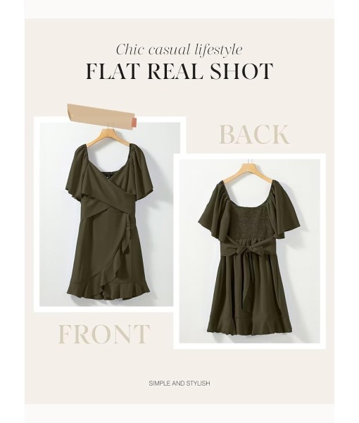 Dokotoo Women's Wrap V Neck Short Flared Sleeve Wedding Guest Dress Smocked Elastic Waist Tiered Belted Ruffle Hem Mini Dress