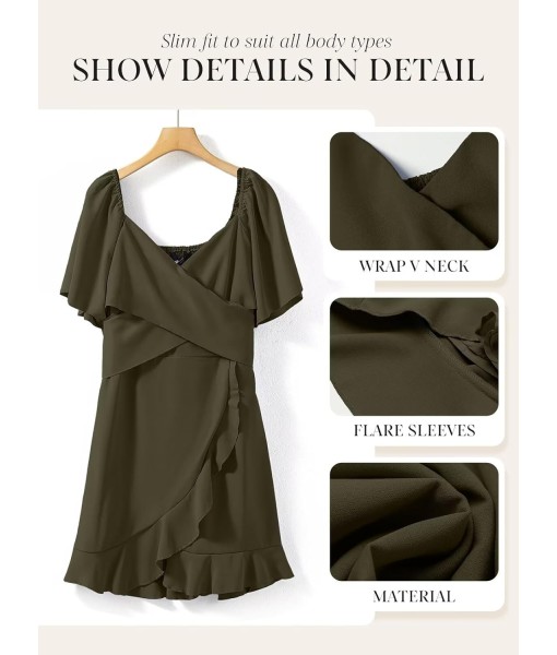 Dokotoo Women's Wrap V Neck Short Flared Sleeve Wedding Guest Dress Smocked Elastic Waist Tiered Belted Ruffle Hem Mini Dress