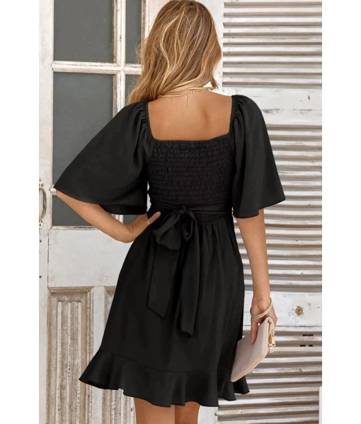 Dokotoo Women's Wrap V Neck Short Flared Sleeve Wedding Guest Dress Smocked Elastic Waist Tiered Belted Ruffle Hem Mini Dress