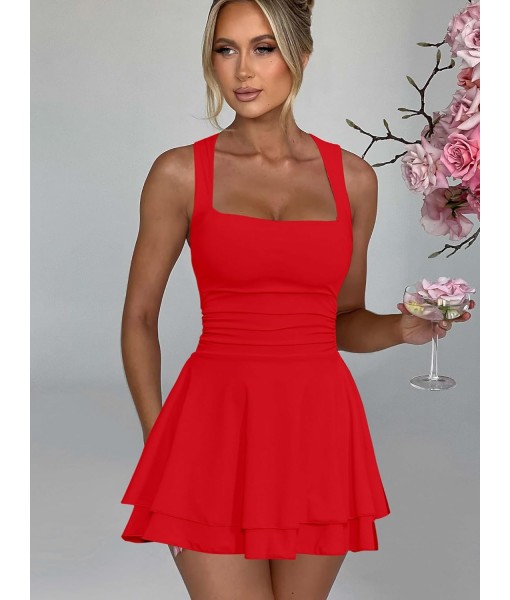 Kaximil Women's Square Neck Ruffle Hem Mini Dress Ruched Waist Short Party Dresses