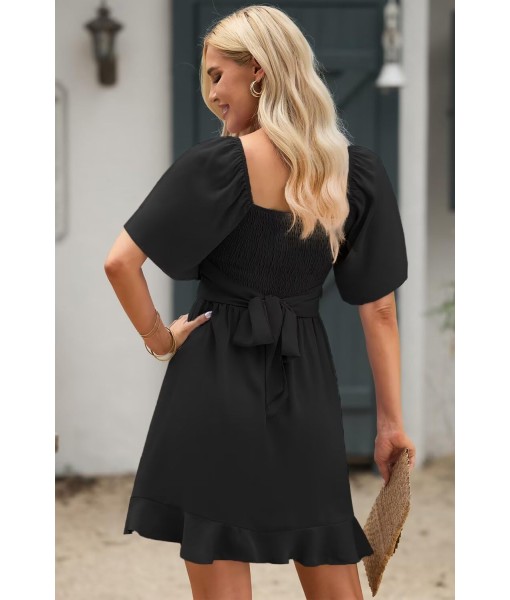 Dokotoo Women's Wrap V Neck Short Flared Sleeve Wedding Guest Dress Smocked Elastic Waist Tiered Belted Ruffle Hem Mini Dress