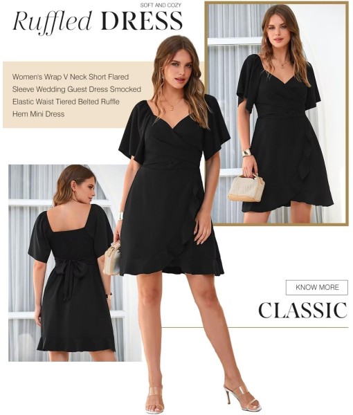 Dokotoo Women's Wrap V Neck Short Flared Sleeve Wedding Guest Dress Smocked Elastic Waist Tiered Belted Ruffle Hem Mini Dress