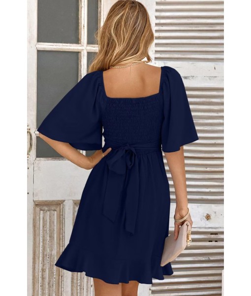 Dokotoo Women's Wrap V Neck Short Flared Sleeve Wedding Guest Dress Smocked Elastic Waist Tiered Belted Ruffle Hem Mini Dress
