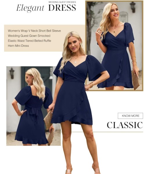 Dokotoo Women's Wrap V Neck Short Flared Sleeve Wedding Guest Dress Smocked Elastic Waist Tiered Belted Ruffle Hem Mini Dress