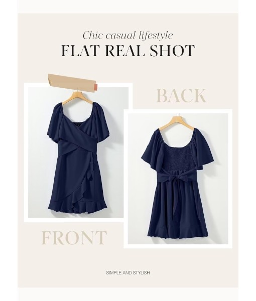 Dokotoo Women's Wrap V Neck Short Flared Sleeve Wedding Guest Dress Smocked Elastic Waist Tiered Belted Ruffle Hem Mini Dress