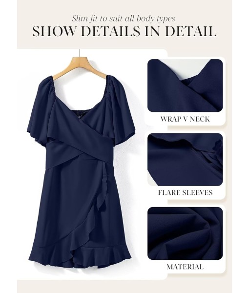 Dokotoo Women's Wrap V Neck Short Flared Sleeve Wedding Guest Dress Smocked Elastic Waist Tiered Belted Ruffle Hem Mini Dress