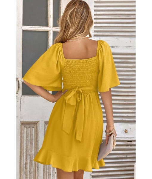 Dokotoo Women's Wrap V Neck Short Flared Sleeve Wedding Guest Dress Smocked Elastic Waist Tiered Belted Ruffle Hem Mini Dress