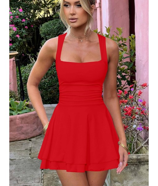 Kaximil Women's Square Neck Ruffle Hem Mini Dress Ruched Waist Short Party Dresses