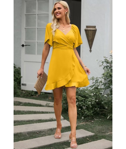 Dokotoo Women's Wrap V Neck Short Flared Sleeve Wedding Guest Dress Smocked Elastic Waist Tiered Belted Ruffle Hem Mini Dress
