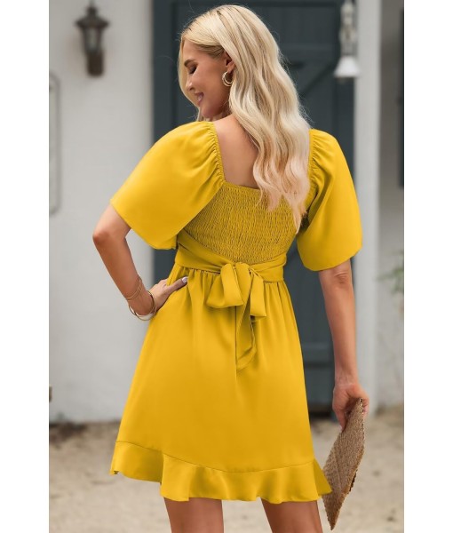 Dokotoo Women's Wrap V Neck Short Flared Sleeve Wedding Guest Dress Smocked Elastic Waist Tiered Belted Ruffle Hem Mini Dress