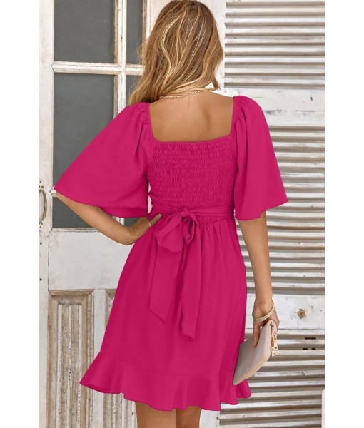 Dokotoo Women's Wrap V Neck Short Flared Sleeve Wedding Guest Dress Smocked Elastic Waist Tiered Belted Ruffle Hem Mini Dress