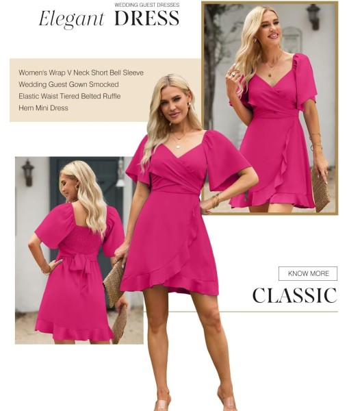 Dokotoo Women's Wrap V Neck Short Flared Sleeve Wedding Guest Dress Smocked Elastic Waist Tiered Belted Ruffle Hem Mini Dress
