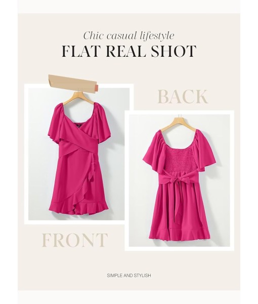 Dokotoo Women's Wrap V Neck Short Flared Sleeve Wedding Guest Dress Smocked Elastic Waist Tiered Belted Ruffle Hem Mini Dress