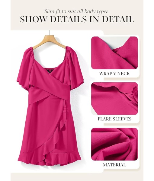 Dokotoo Women's Wrap V Neck Short Flared Sleeve Wedding Guest Dress Smocked Elastic Waist Tiered Belted Ruffle Hem Mini Dress