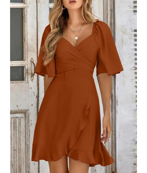 Dokotoo Women's Wrap V Neck Short Flared Sleeve Wedding Guest Dress Smocked Elastic Waist Tiered Belted Ruffle Hem Mini Dress