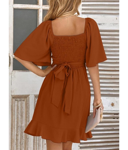Dokotoo Women's Wrap V Neck Short Flared Sleeve Wedding Guest Dress Smocked Elastic Waist Tiered Belted Ruffle Hem Mini Dress